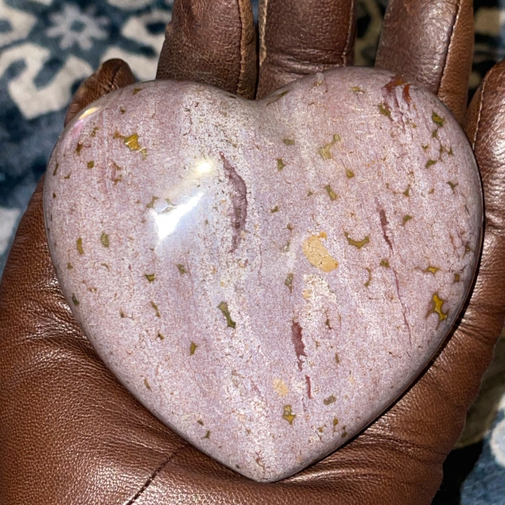 Ocean Jasper Hand Carved Heart pink & maroon with a little yellow